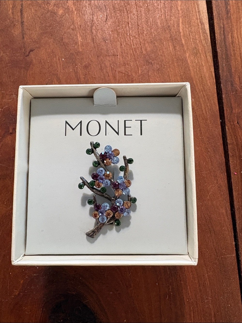 Monet Multicolor Crystal Blossom Branch Brooch - Blue Amber Green Mothers Day